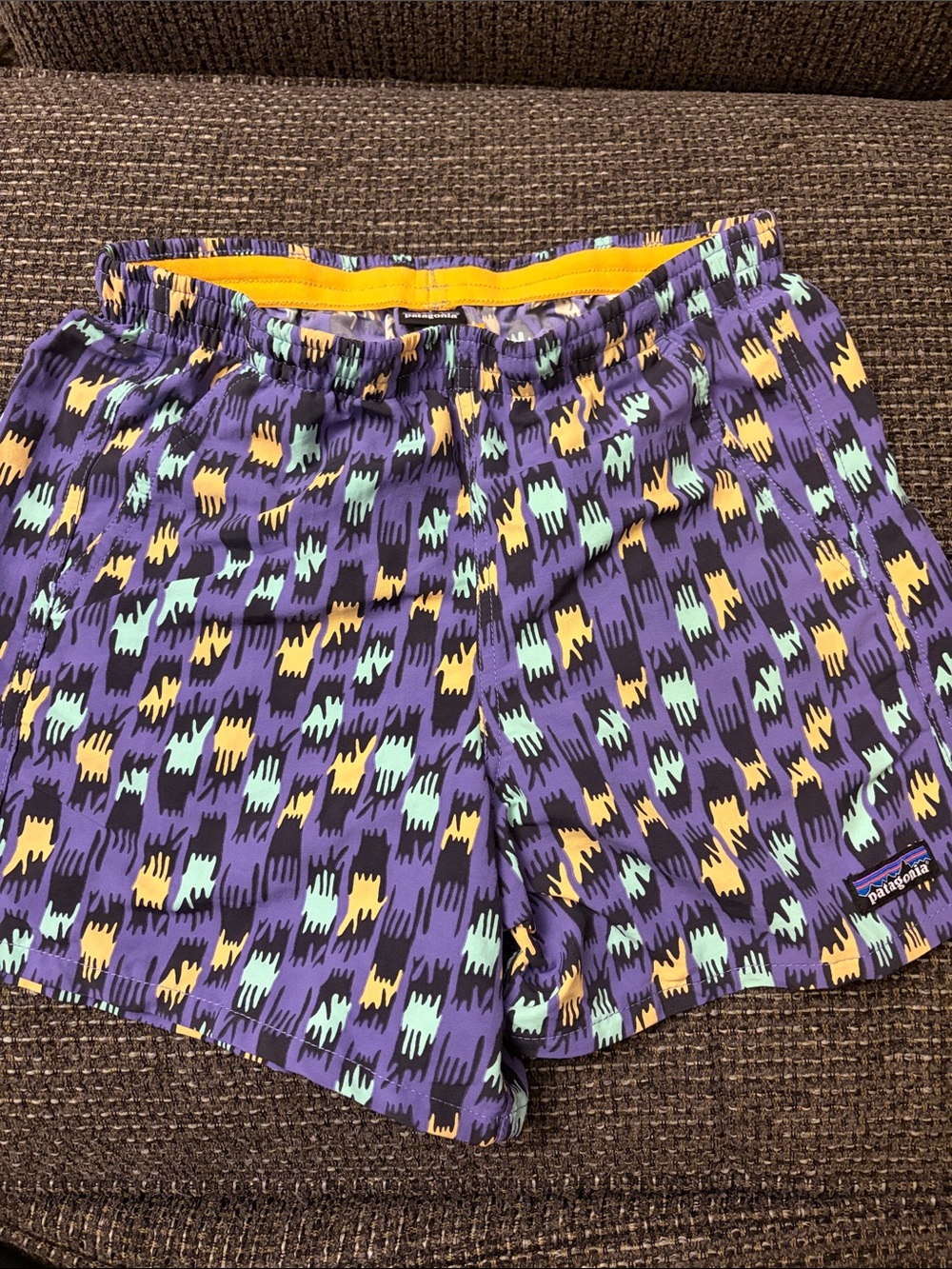 Patagonia Men’s Purple Swim Shorts with Yellow & Teal Accents